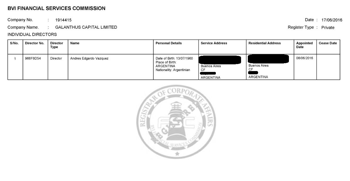 El registro en el que consta que Andrés Vázquez es director de la sociedad Galanthus Capital LTD, con sede en las Islas Vírgenes Británicas