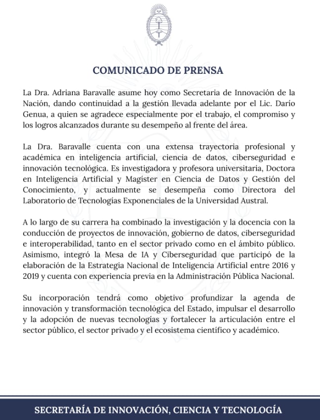 La secretaría de Innovación, Ciencia y Tecnología agradeció a Darío Genua por su compromiso y destacó la trayectoria de Baravalle