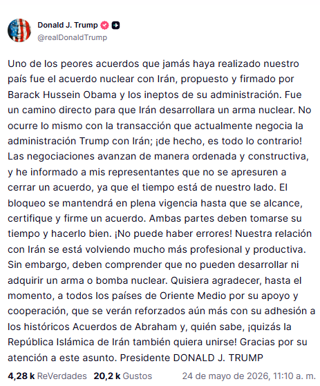 El posteo de Trump en Truth Social