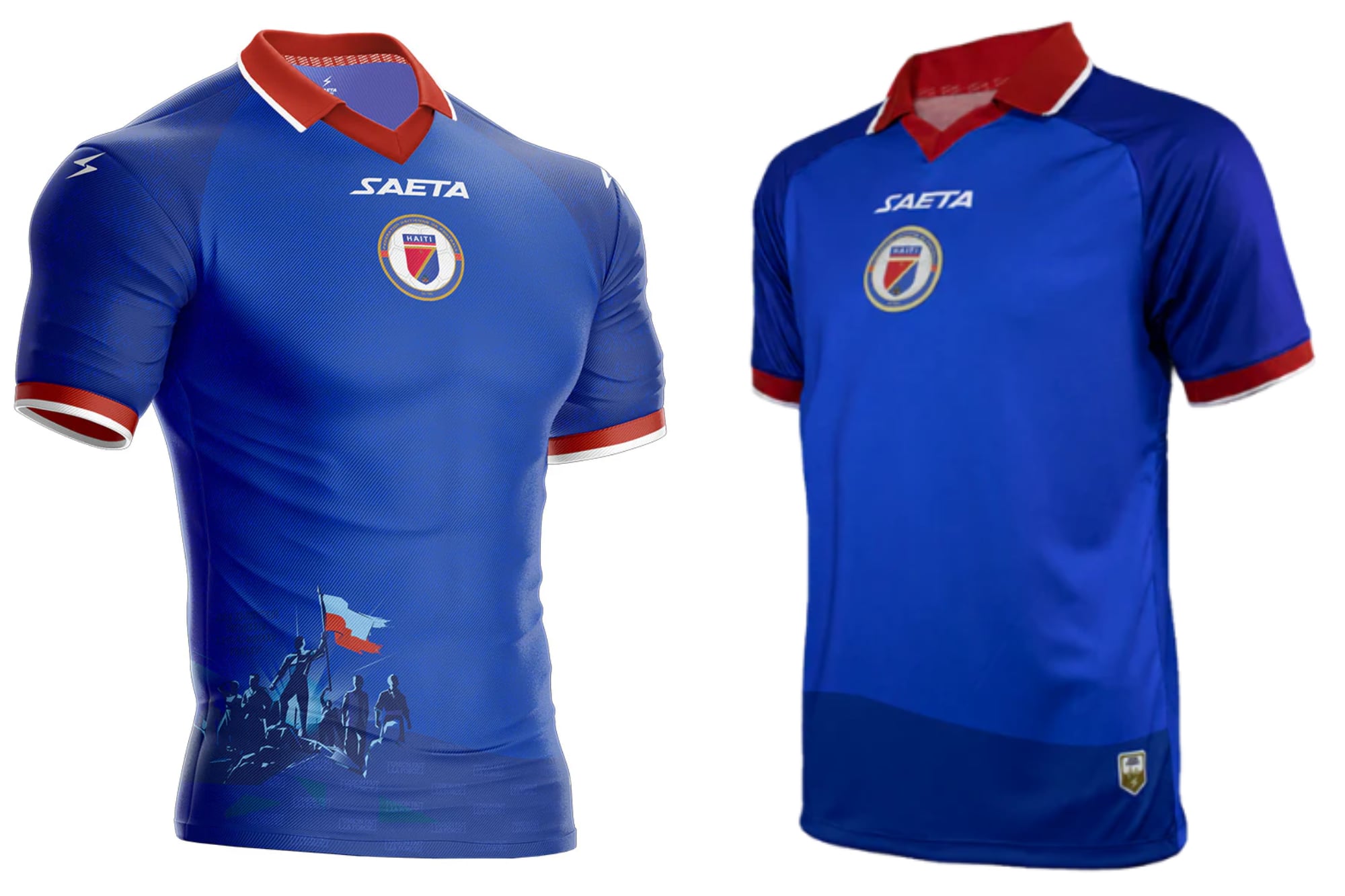 La versión original de la camiseta de Haití (izquierda) tenía una ilustración de la batalla de Vertières de 1803, sin embargo, la FIFA ordenó modificarla (derecha)
