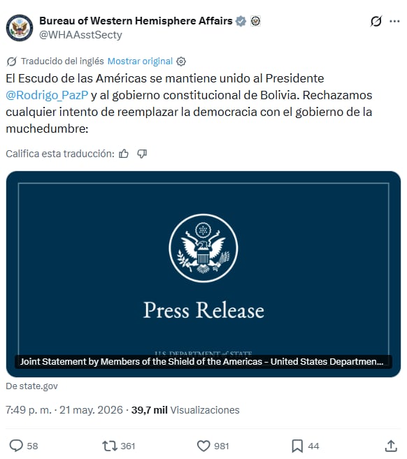 Estados Unidos y la Argentina expresaron su “profunda preocupación” por la crisis que azota a Bolivia 6 El documento fue compartido a través de la cuenta oficial de la Oficina de Asuntos del Hemisferio Occidental que depende del Departamento de Estado norteamericano