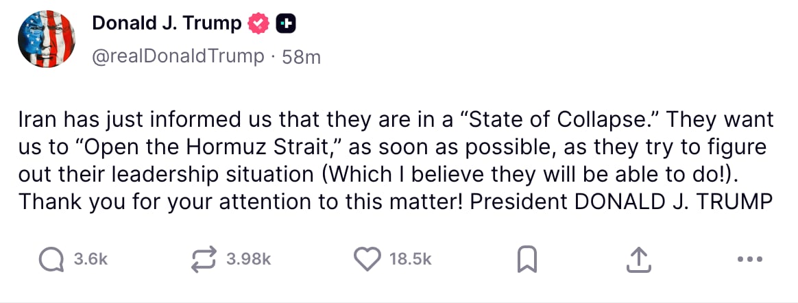 Captura de la publicación de Trump. Fuente: Truth Social