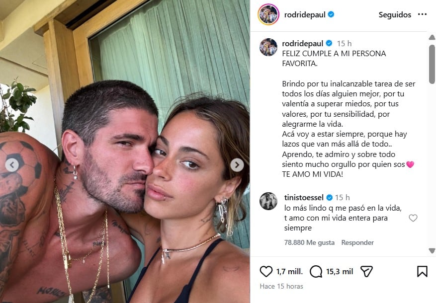El posteo romántico de Rodrigo De Paul que contó con la respuesta de Tini