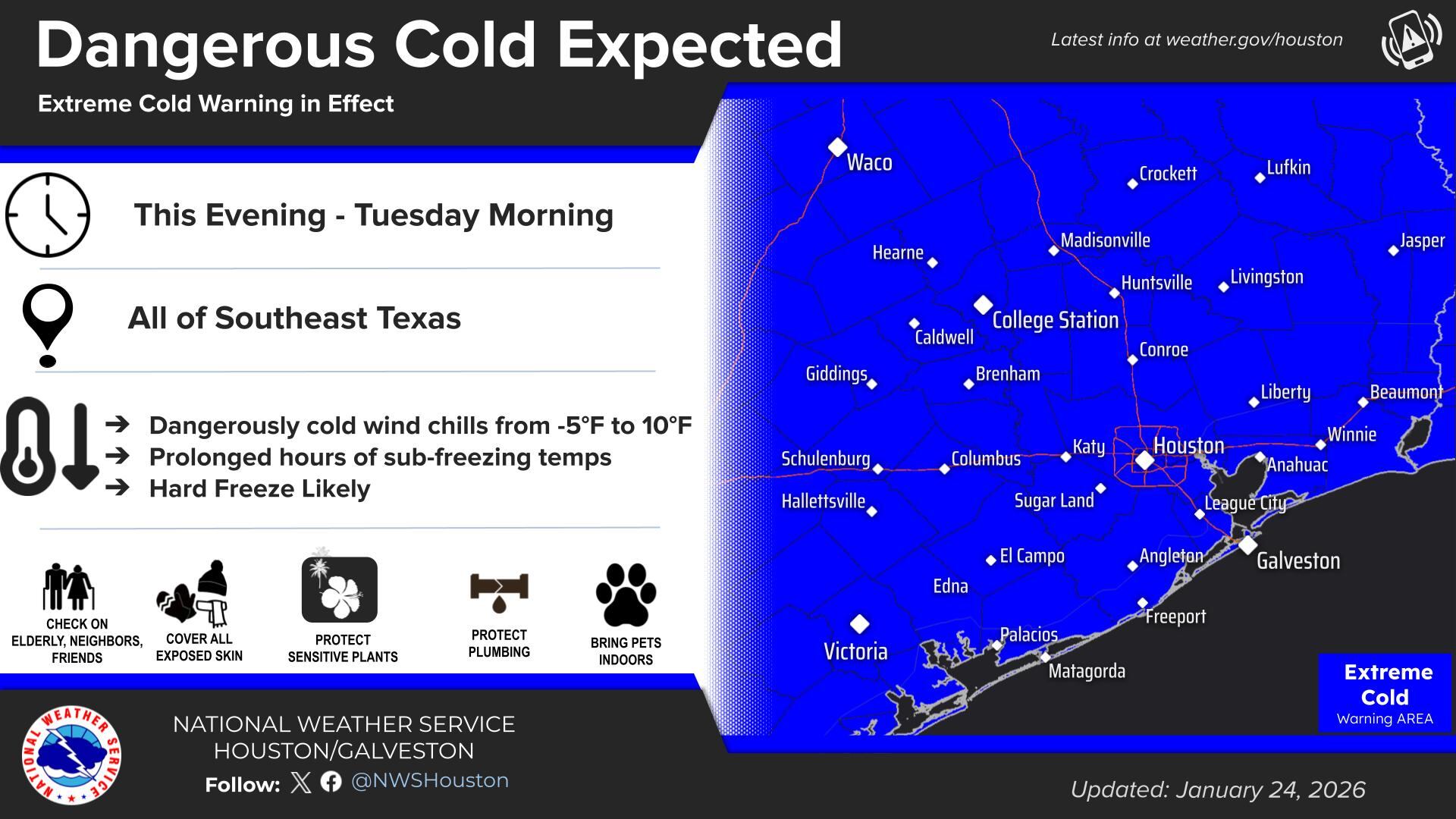 El área metropolitana de Houston registró una madrugada con sensaciones térmicas de entre 5°F (-15°C) y 15°F (-9°C)
