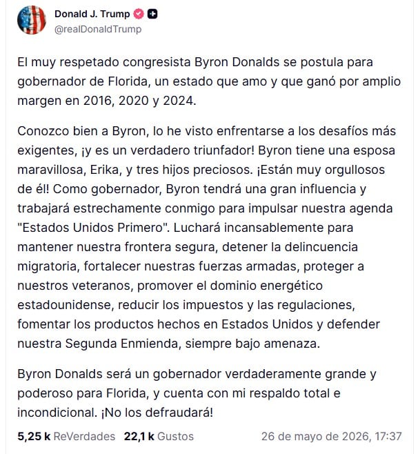 El mensaje de Donald Trump en apoyo a Byron Donalds