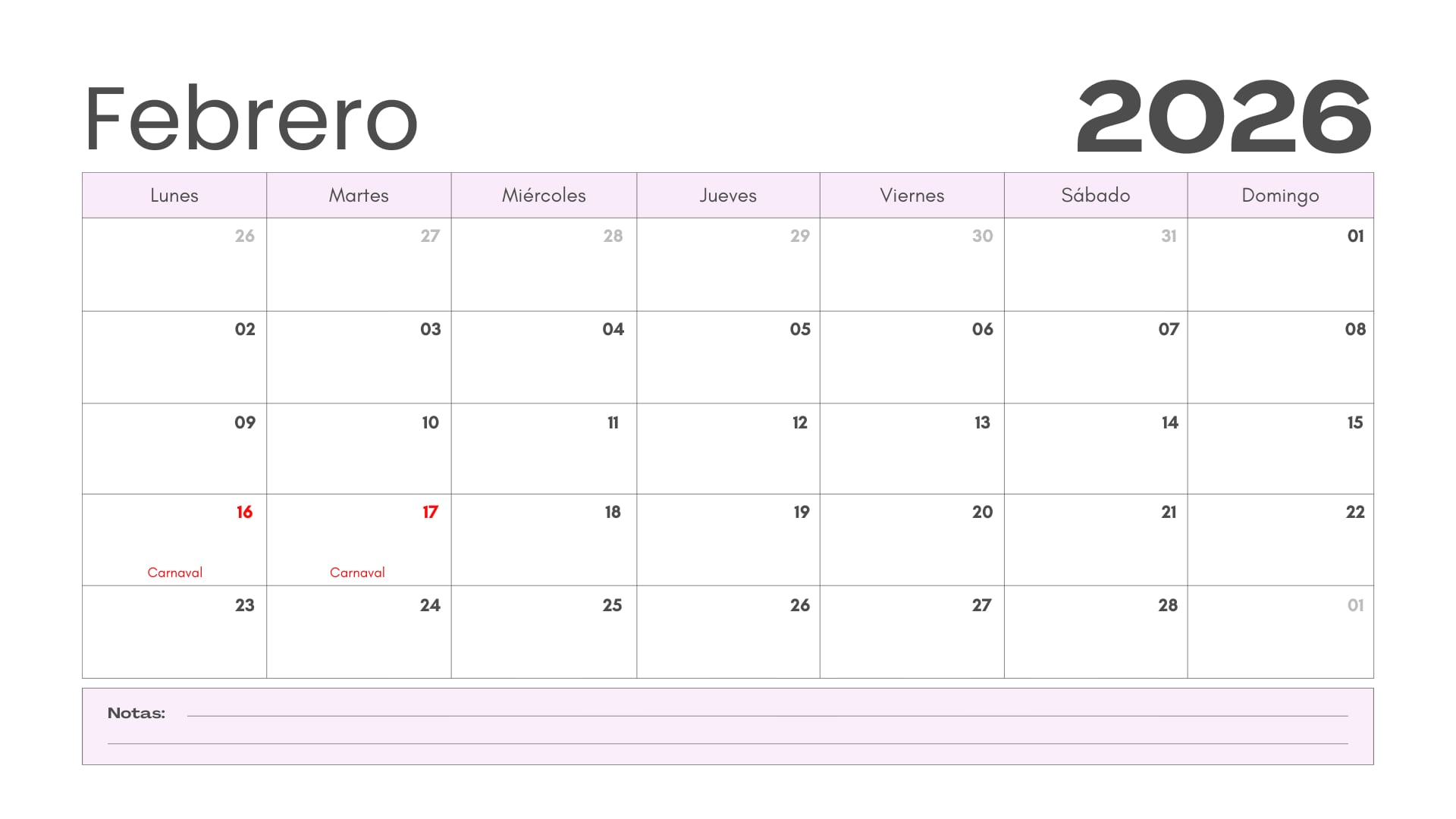 Calendario de febrero 2026