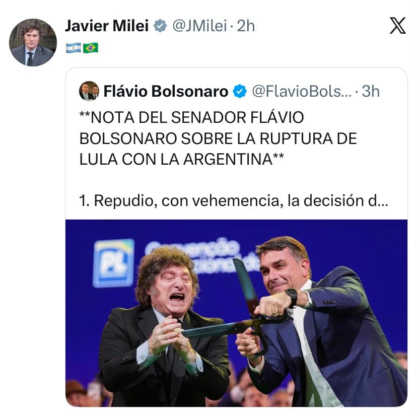 Milei se hizo eco del mensaje de Flávio Bolsonaro