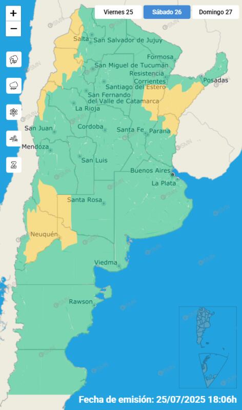 Las alertas emitidas por el SMN para este sábado 26 de julio.