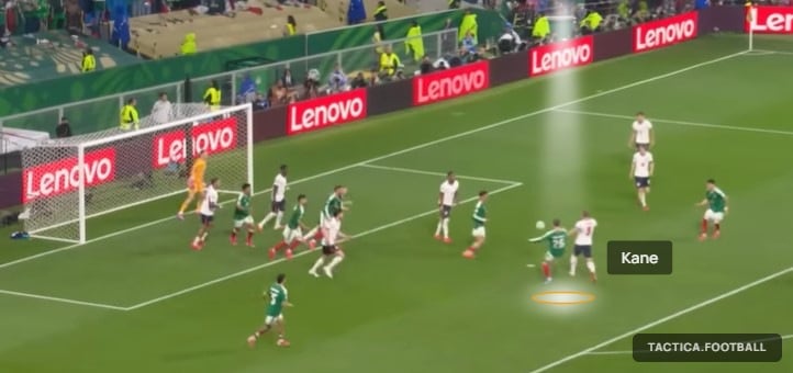 La jugada en la que le cobraron (de manera errónea) penal a Kane sobre Brian Gutiérrez: defendiendo en su área, hubo contacto pero no infracción
