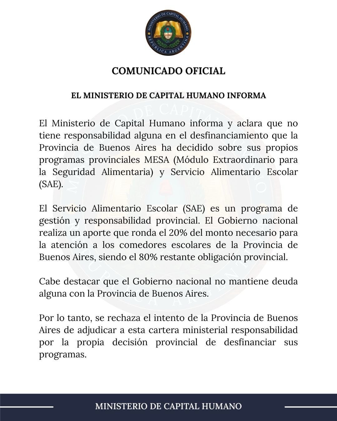 El ministerio de Capital Humano aseguró que