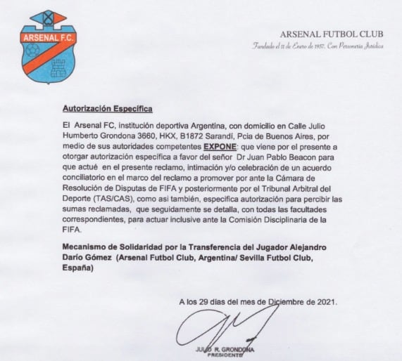 Grondona (hijo) delegó en el entonces dirigente de AFA la representación del club ante el Tribunal de Arbitraje Deportivo (TAS) de la federación internacional.