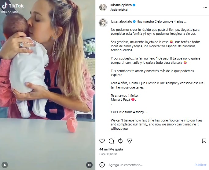 Luisana Lopilato le dedicó un dulce mensaje a su hija Cielo por su cumpleaños número cuatro (Foto: Instagram @luisanalopilato)
