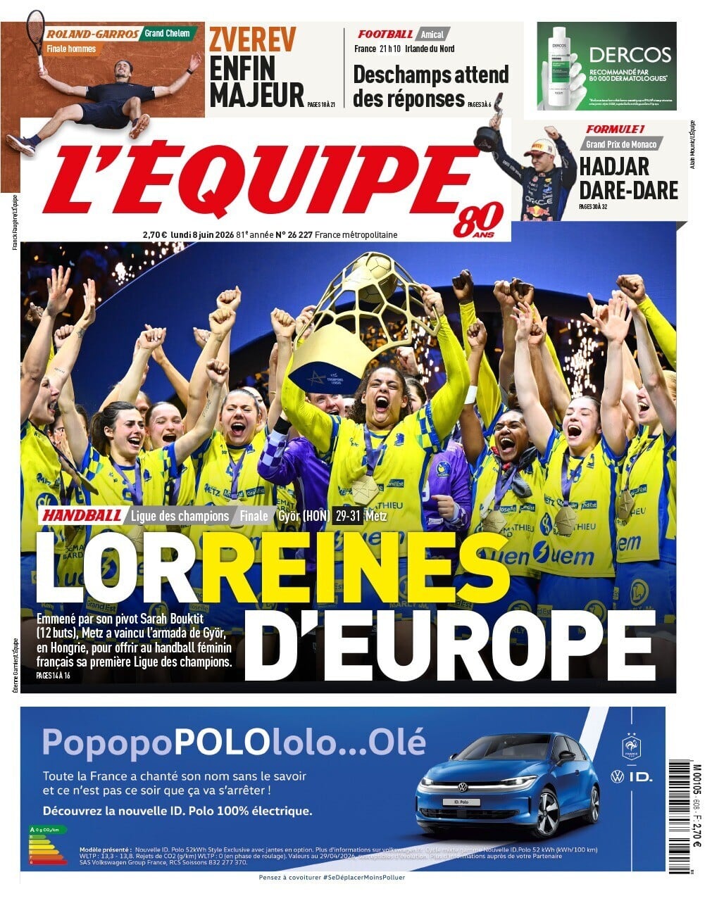 La portada de L'Equipe de este lunes, con Zverev relegado por el título europeo de Metz en handball femenino