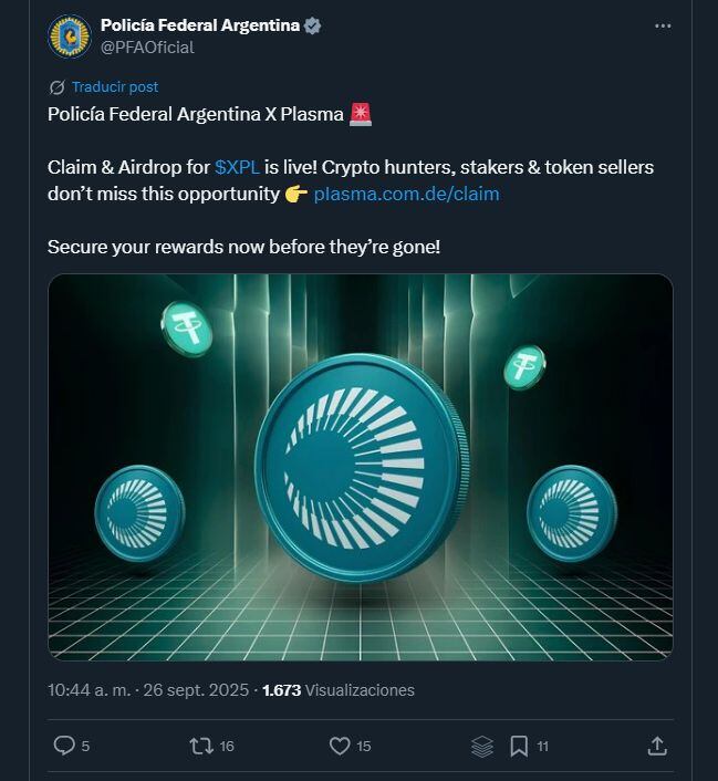 Uno de los posteos promocionando una plataforma cripto hecho desde la cuenta de X de la Policía Federal Argentina