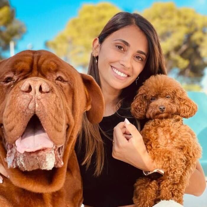 Antonela Roccuzzo junto a Hulk y Abu, dos de sus tres perros