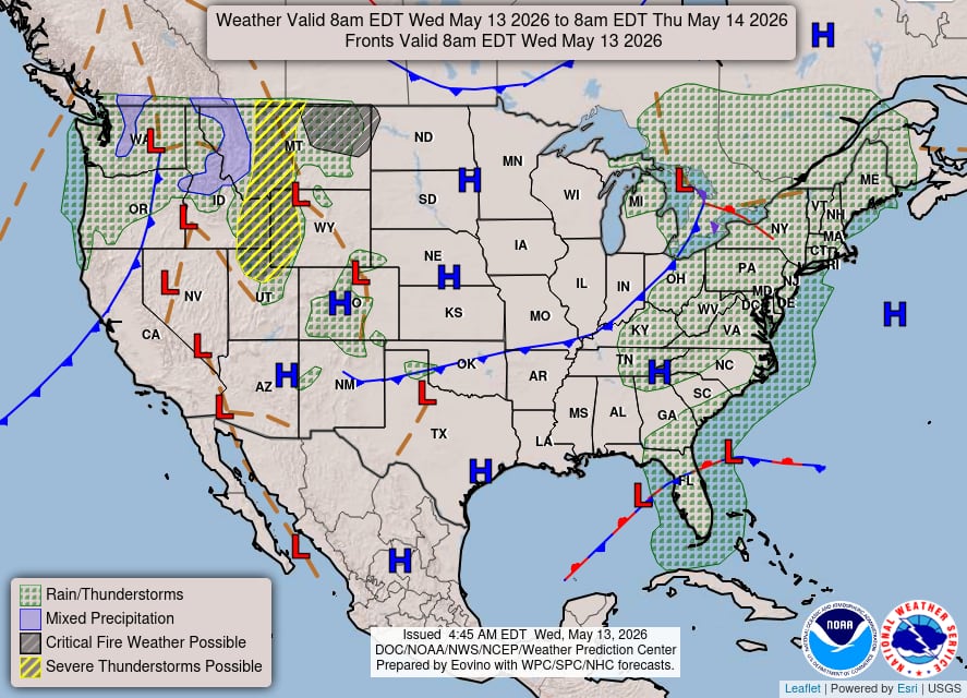 El calentamiento diurno y el avance frontal generan un riesgo marginal de tormentas en Nueva York, Pensilvania y Virginia Occidental para la tarde de hoy
