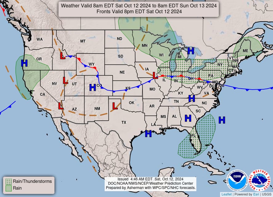 El mapa del pronóstico del clima en EE.UU. para este sábado 12 de octubre