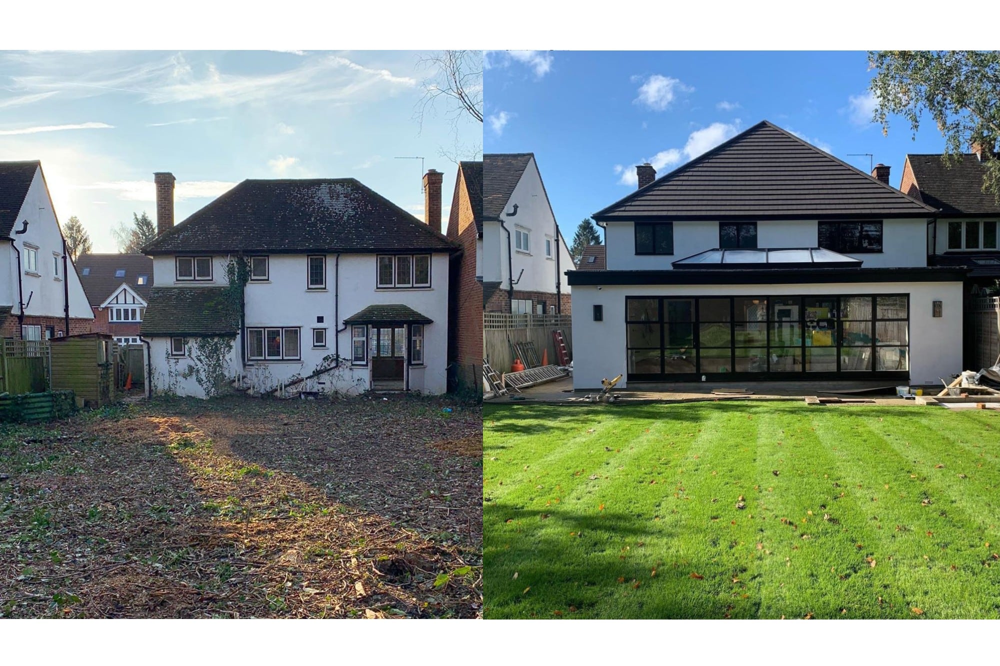 La transformación de la parte trasera de una casa en la que se construyó hacia arriba y se modificó la estructura del techo