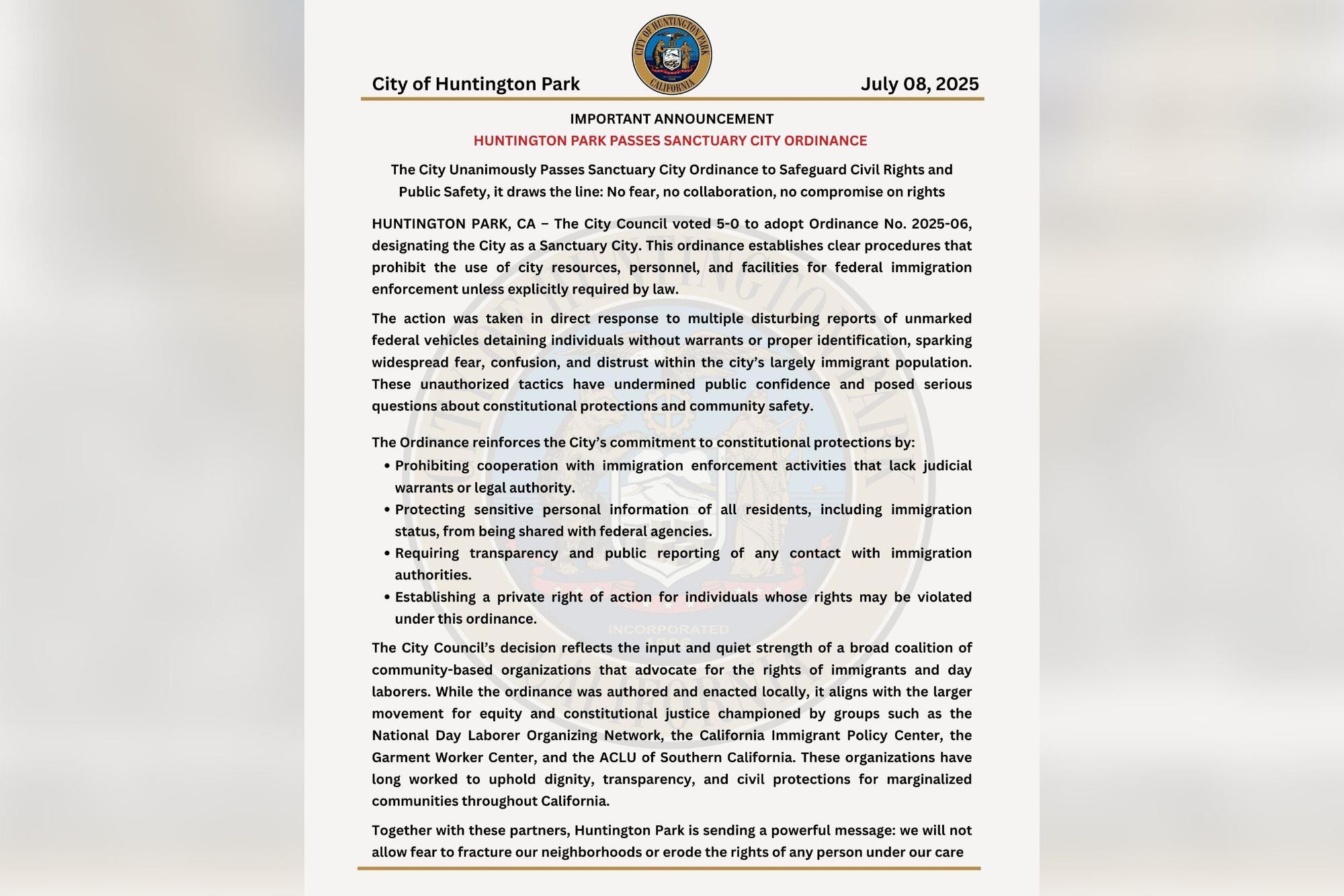 El comunicado de las autoridades de Huntington Park sobre la designación de ciudad santuario