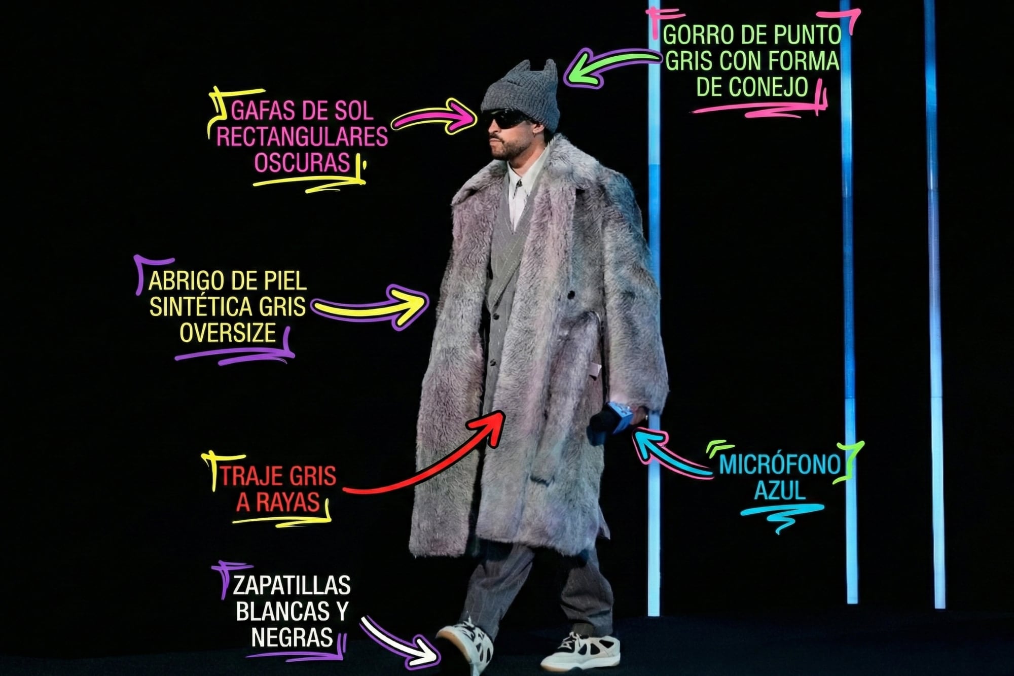 Abrigo y gorro “de conejo”: el look de Bad Bunny en la conferencia donde rindió homenaje a su mamá antes del Super Bowl