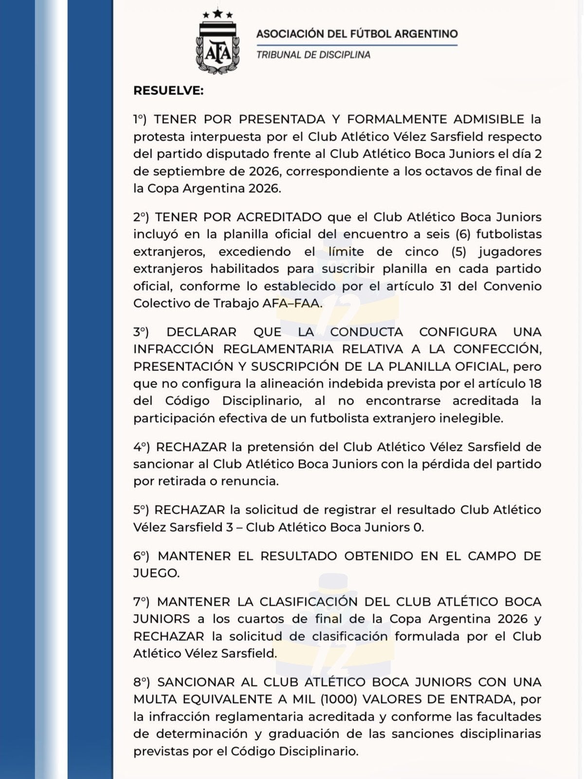 El fallo del partido Boca - Vélez, publicado en el boletín oficial del Tribunal de Disciplina de la AFA