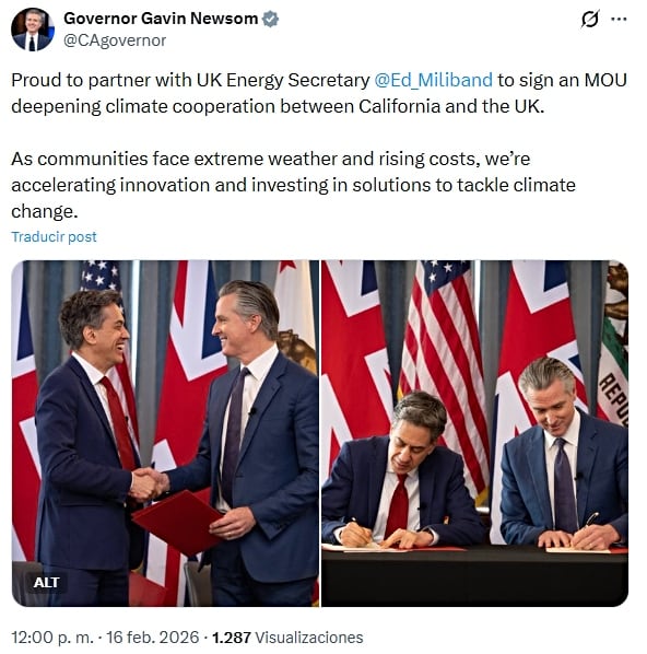 Newsom firmó un acuerdo con Reino Unido sobre energías limpias
