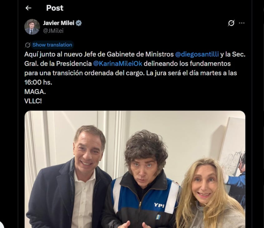 Milei designó a Diego Santilli como nuevo jefe de Gabinete en reemplazo de Adorni 8 El mensaje de Milei en su cuenta de X para oficializar a Santilli