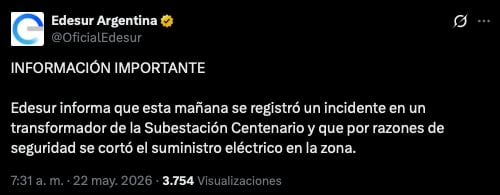 La información compartida por Edesur sobre lo ocurrido