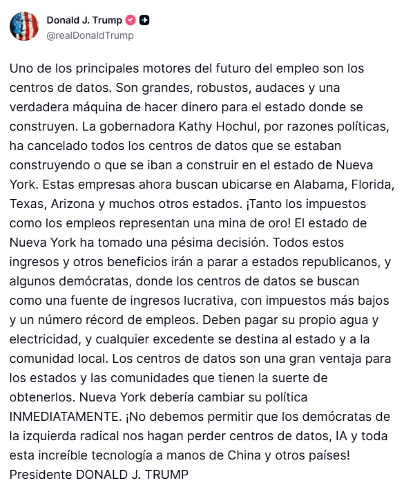 El presidente Trump dejó clara su posición en una publicación de redes sociales