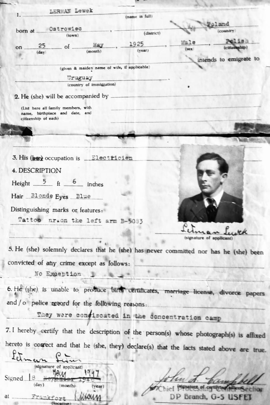 El documento que le dieron a Levi Lerman después de la liberación dvolvía formalmente una identidad que por seis años había sido borrada