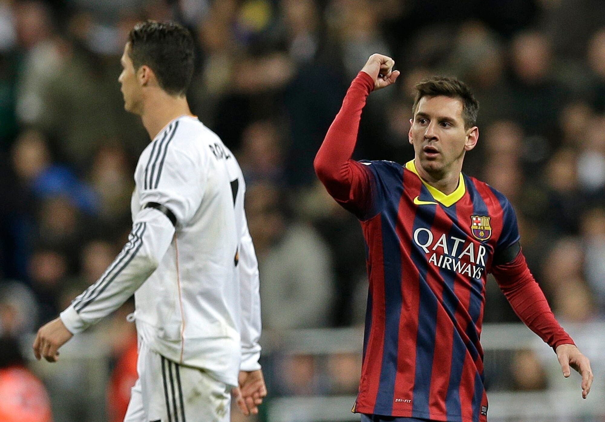 El 23 de marzo de 2014: Lionel Messi celebra y Cristiano sufre, en el clásico mundial
