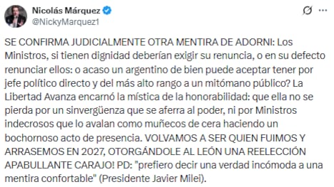 El biógrafo de Javier Milei, Nicolás Márquez, sostuvo que los ministros deberían exigir la renuncia de Manuel Adorni