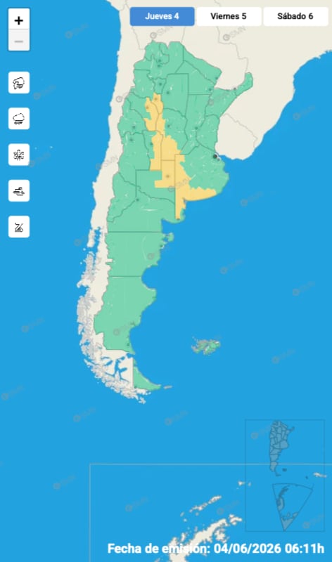 El mapa de alertas del SMN para este jueves