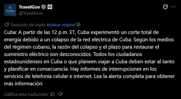 Un reciente informe del Departamento de Estado de los Estados Unidos advierte sobre un colapso total del sistema eléctrico en Cuba que ha dejado a la isla sin energía