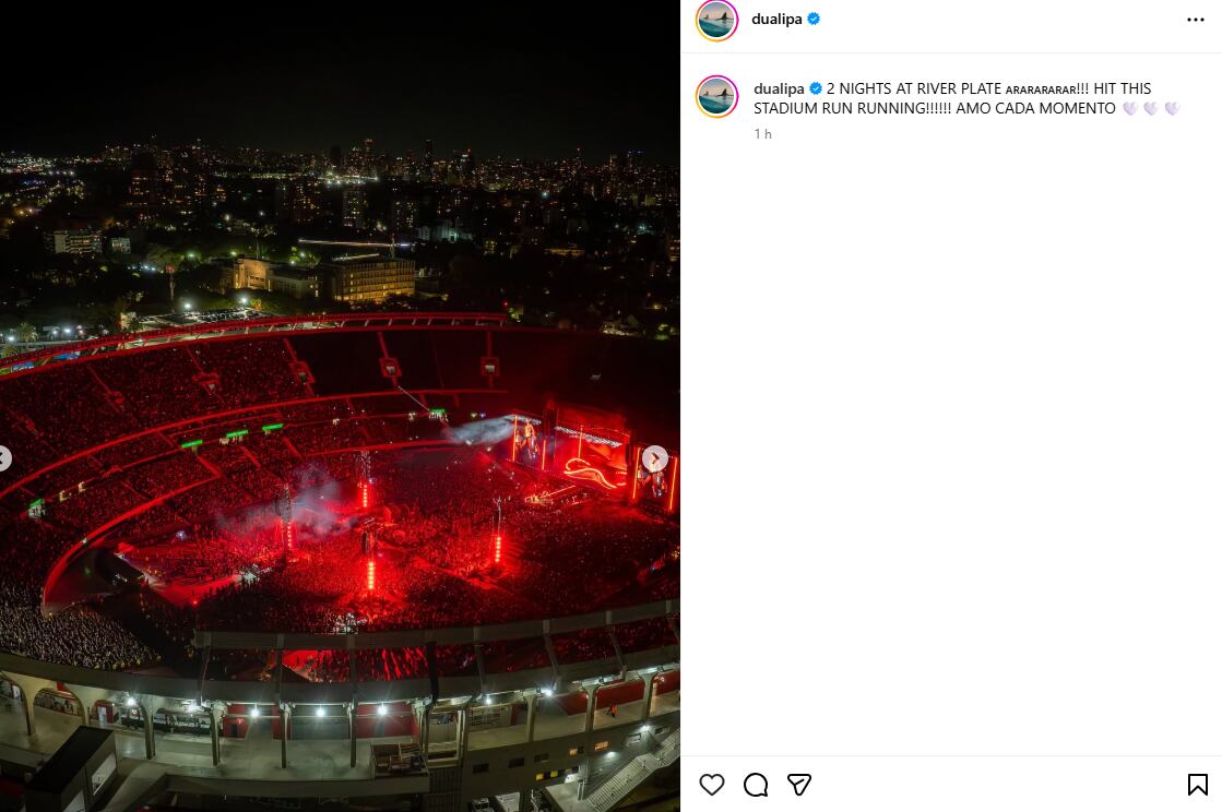 Dua Lipa expresó su felicidad tras sus dos shows en River