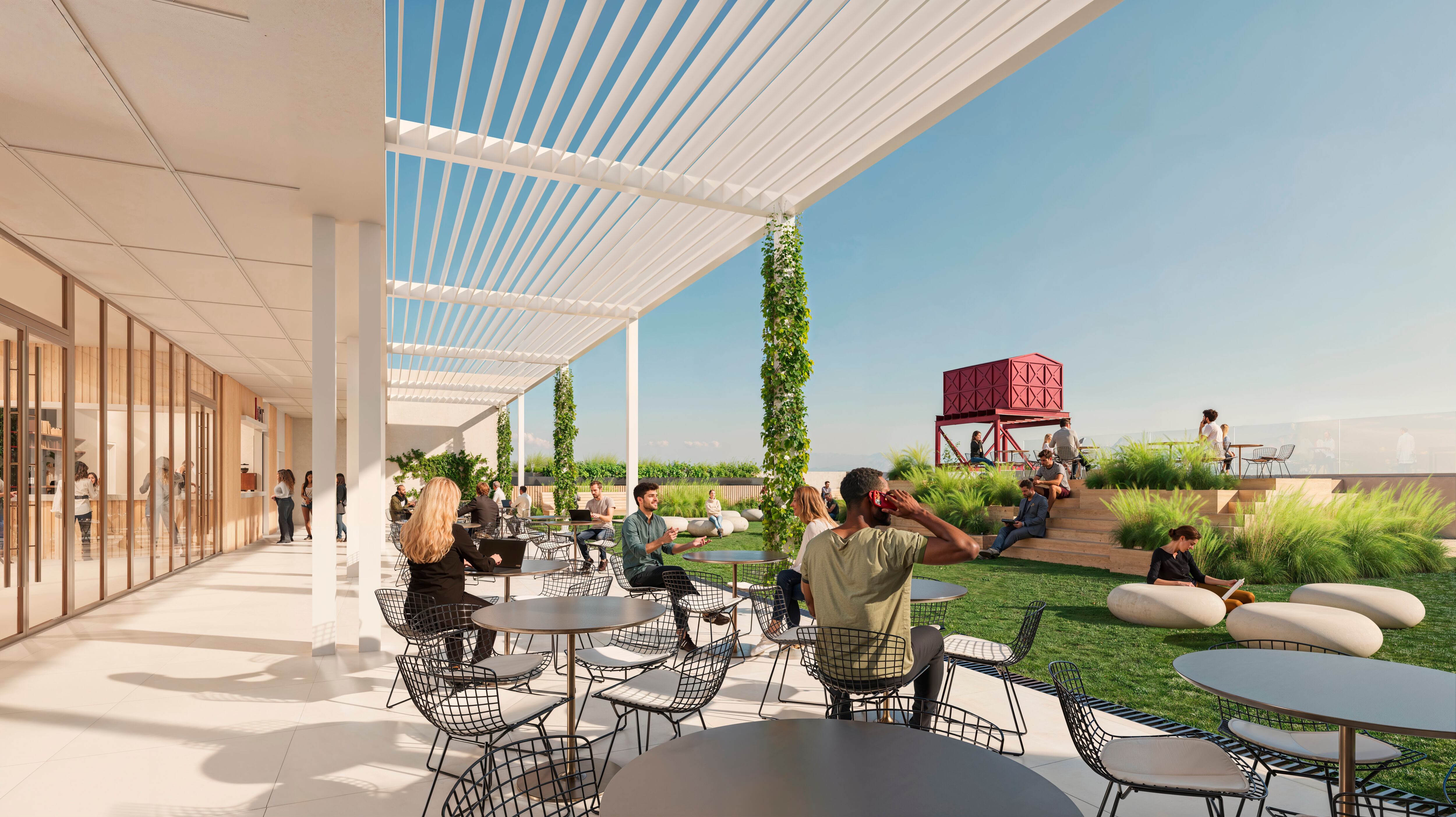 Terraza verde en el edificio Maple Ucema; el tanque rojo tiene protección patrimonial