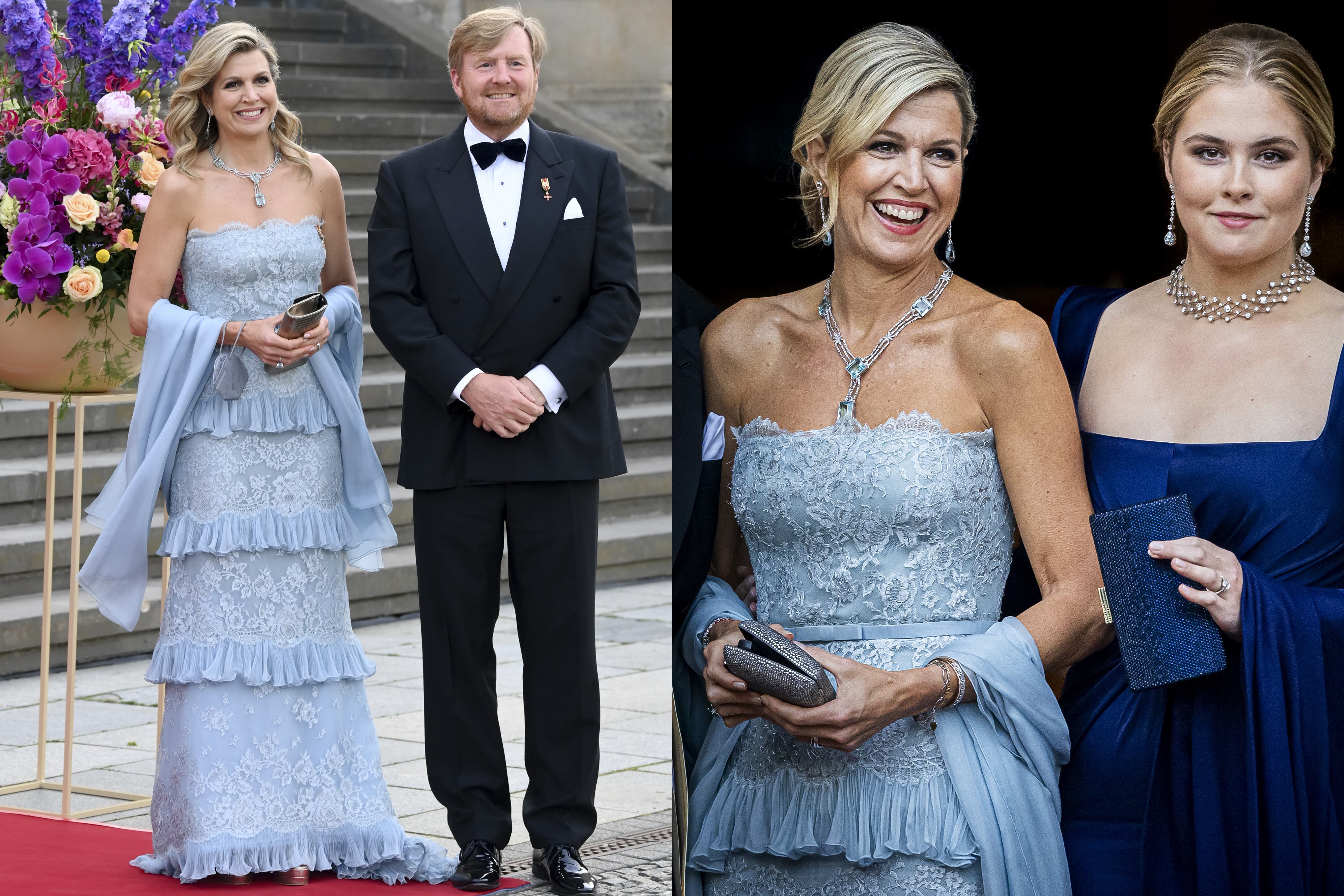En 2021, durante una visita de Estado a Alemania, con el mismo Valentino que le vimos el año pasado en la cena de gala en Honor del Consejo de Estado. Las dos veces lo complementó con el collar de aguamarinas de la reina Guillermina que es uno de sus favoritos.