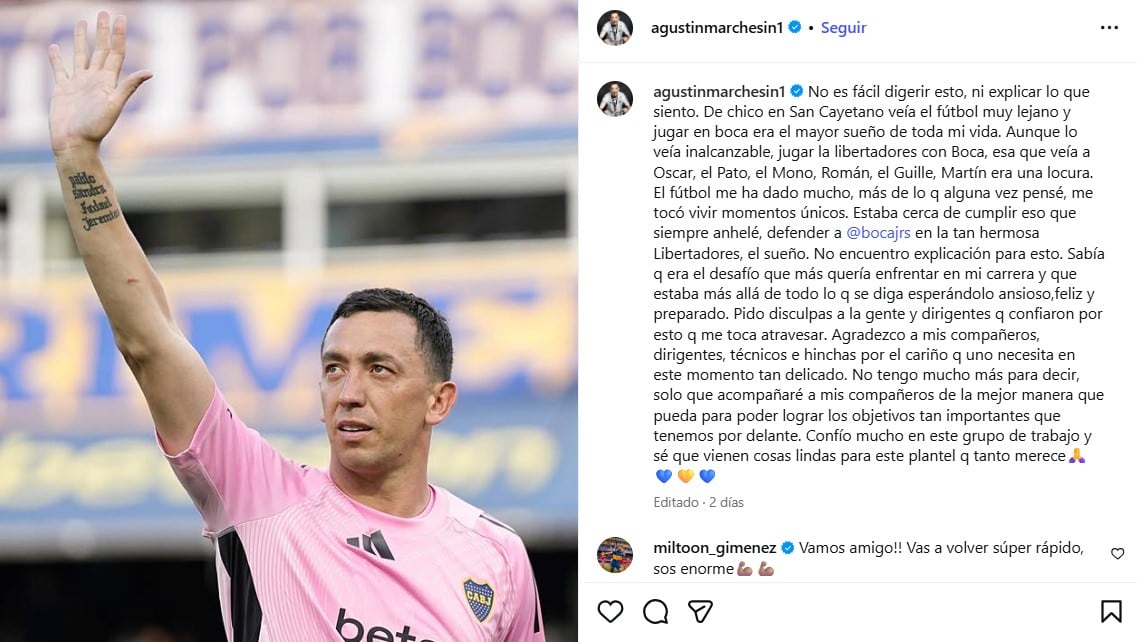 Agustín Marchesín lamentó no poder acompañar al plantel de Boca en la Copa Libertadores
