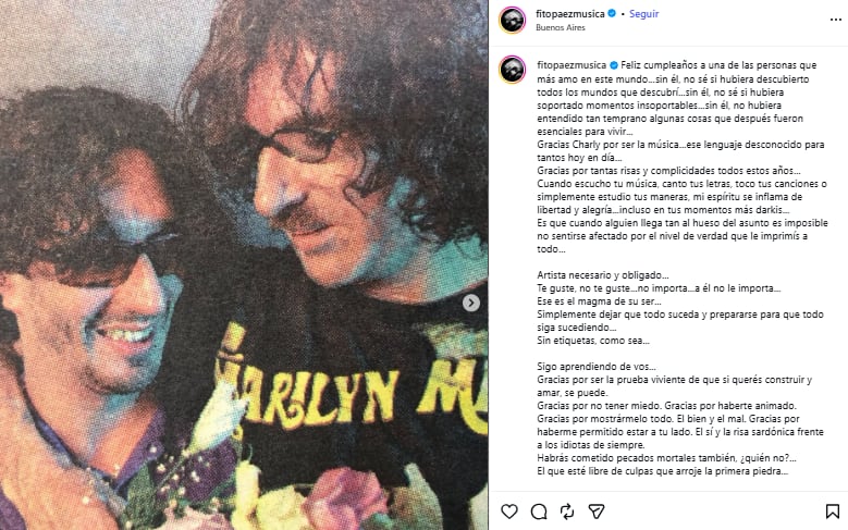 El saludo de Fito Páez a Charly García por su cumpleaños (Foto: Instagram @fitopaezmusica)