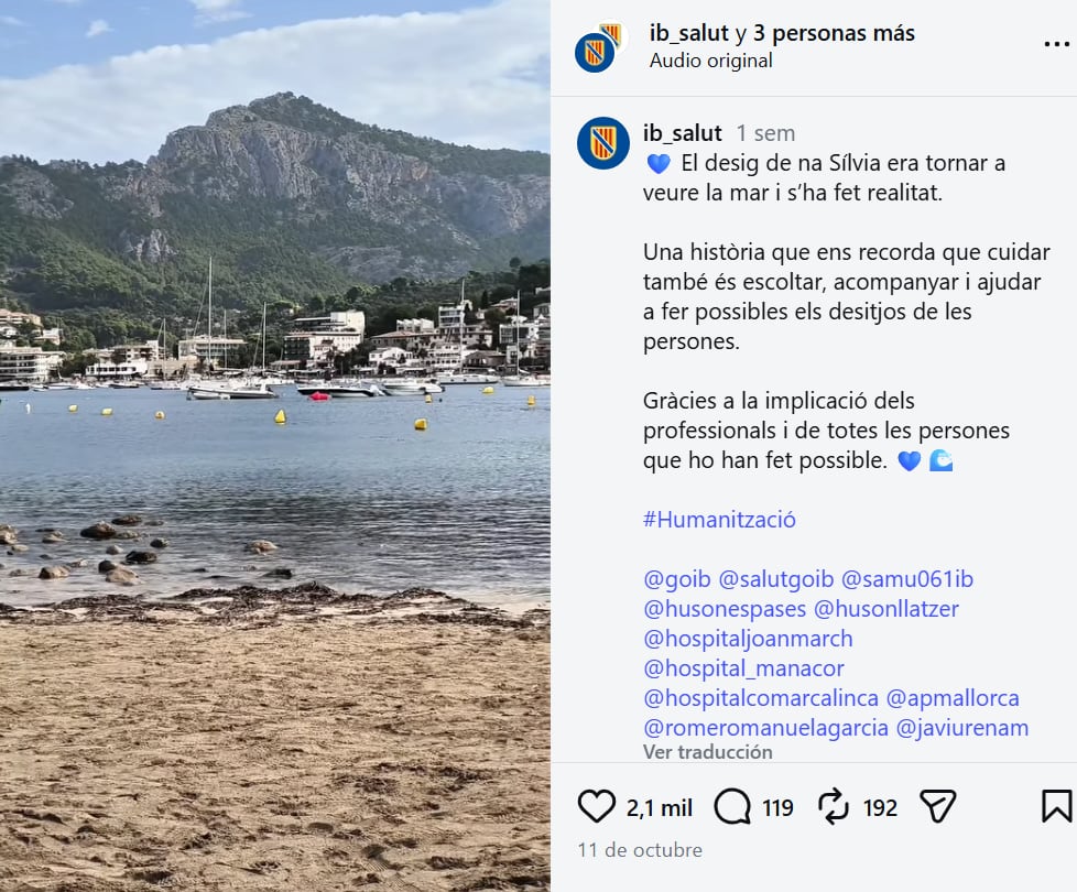 Los profesionales del SAMU 061 organizaron un traslado especial para que la paciente pudiera llegar hasta la costa (Foto: Instagram @ib_salut)