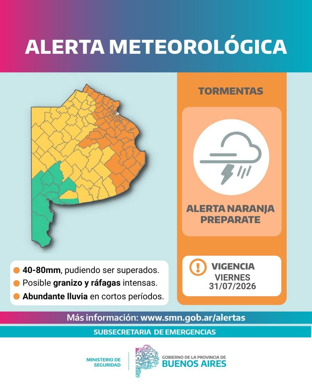 Gran parte de la provincia de Buenos Aires se verá afectada por el temporal