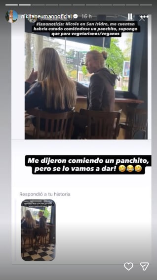 Nicole Neumann fue fotografiada en una panchería (Foto: Instagram @gossipeame)