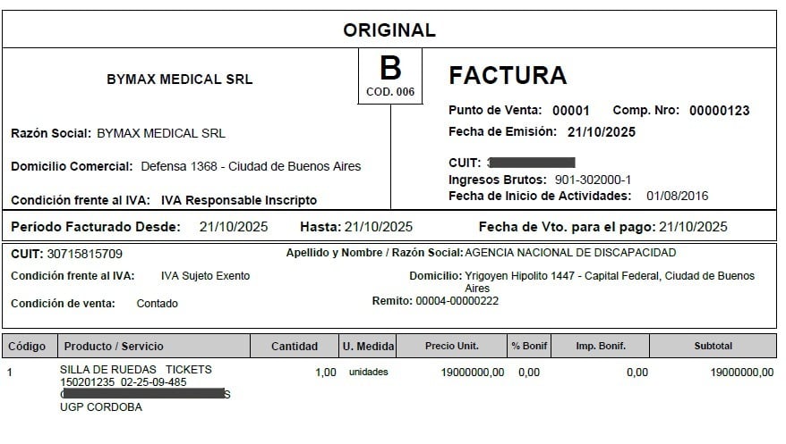 Factura emitida a Andis por la compra de una silla de ruedas
