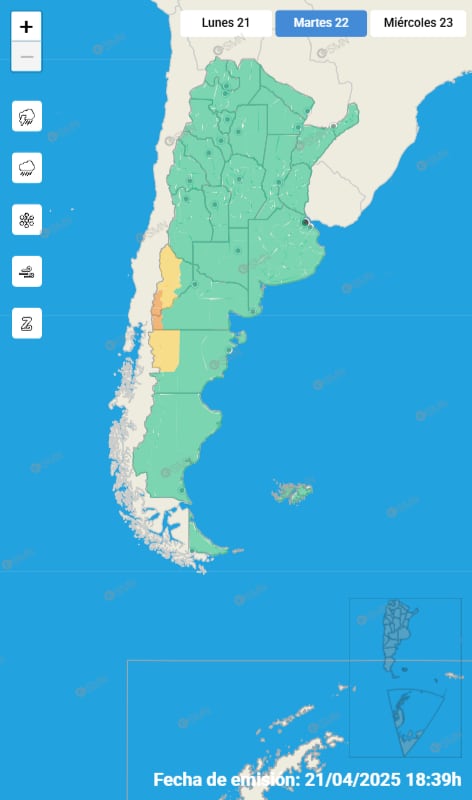Las alertas emitidas por el SMN para martes 22 de abril.