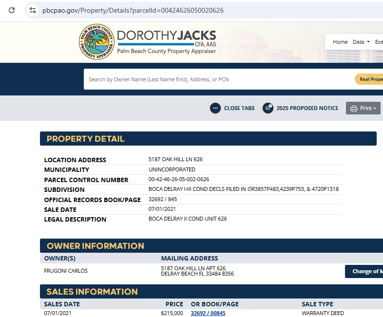 El registro de una propiedad a nombre de Frugoni en Palm Beach, Florida, Estados Unidos