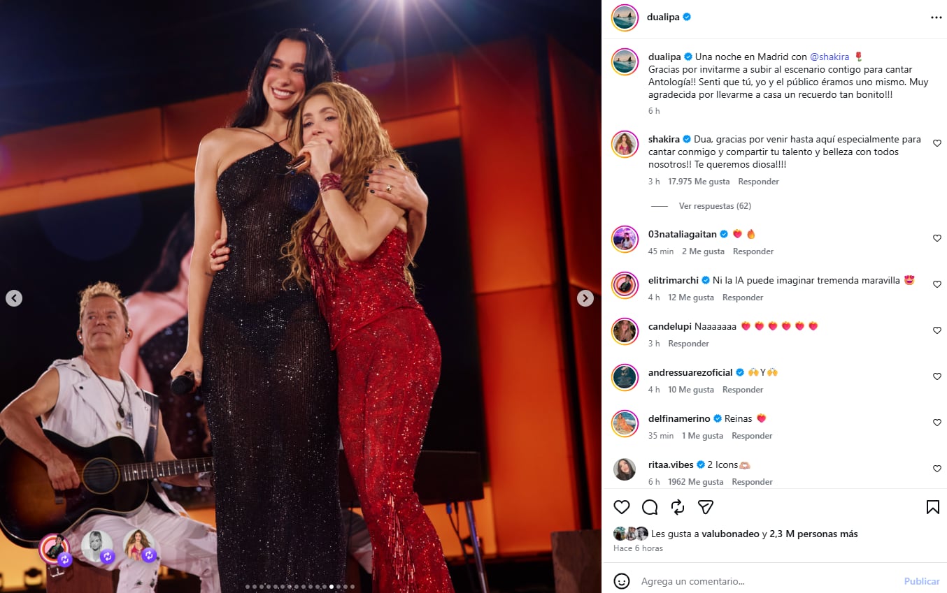 Las palabras de amor y agradecimiento que se dedicaron Dua Lipa y Shakira tras compartir el show en Madrid