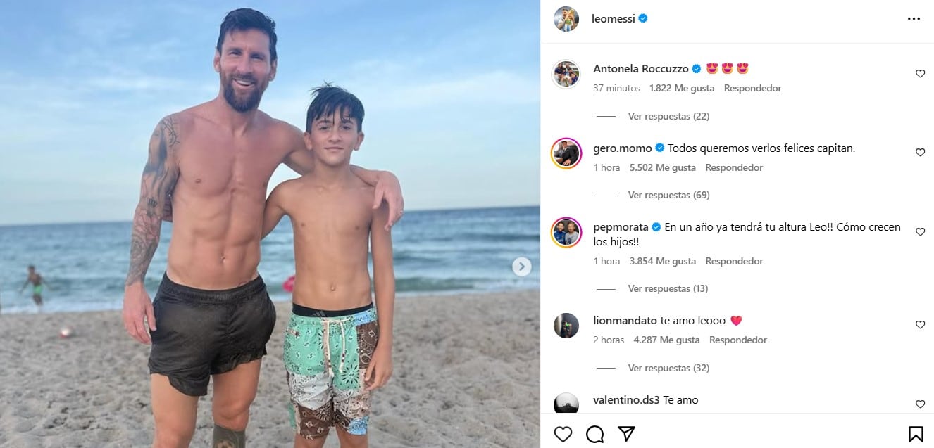 Leo Messi junto a su hijo Thiago en una playa de Miami