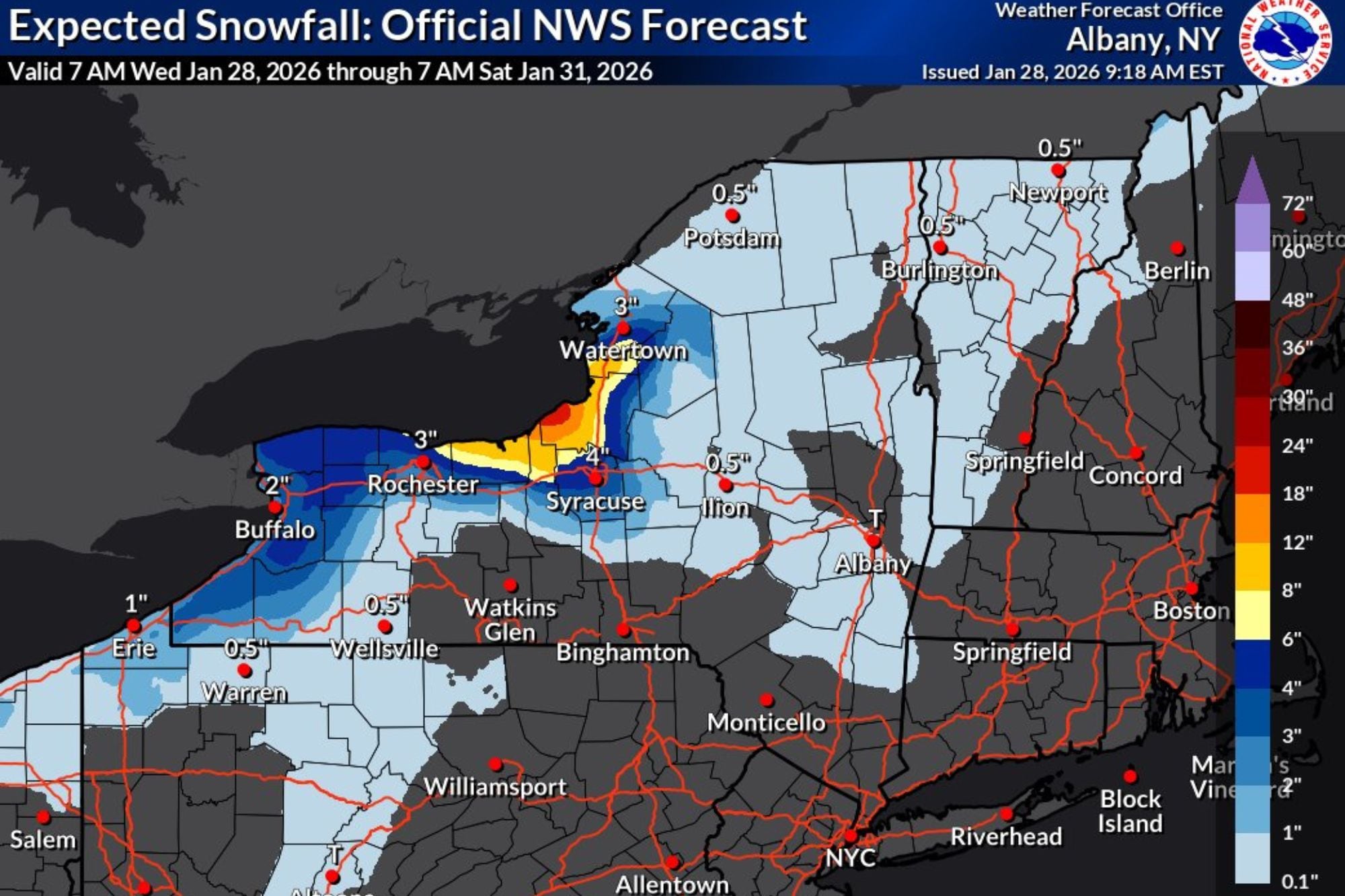 Advertencia de nieve por efecto lago para los conductores de Nueva York