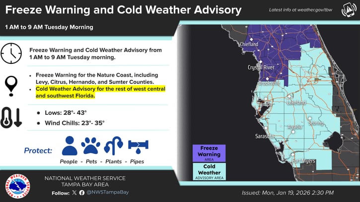 En el oeste del estado, la oficina de Tampa reporta temperaturas cercanas o inferiores al punto de congelación para este martes