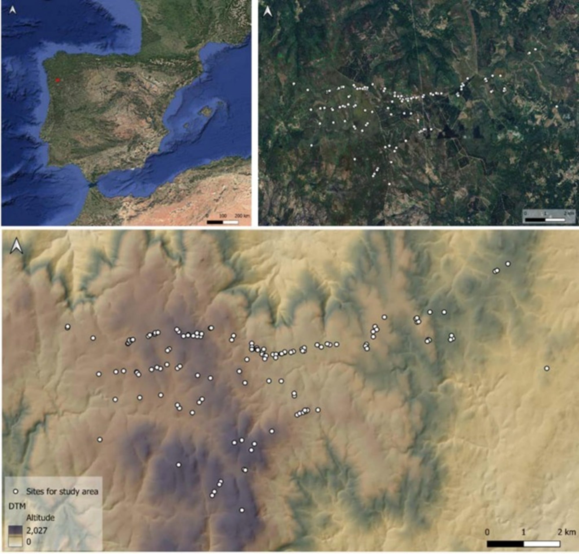 La ubicación de la Sierra del Laboreiro en la Península Ibérica junto al área de estudio con los monumentos megalíticos